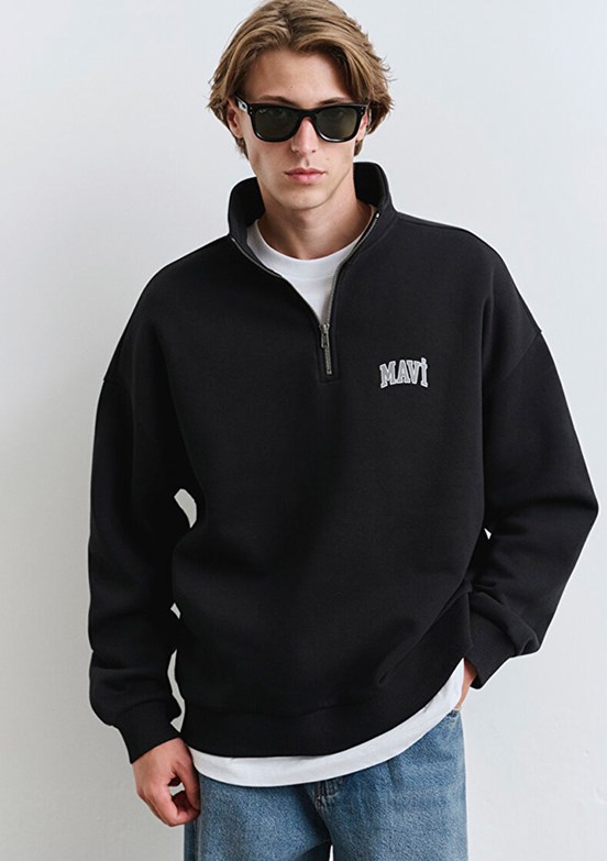 MAVİ Siyah Erkek Yarım Fermuarlı Baskılı Sweatshirt