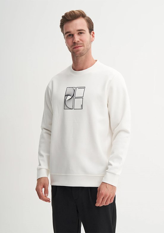 CAZADOR Caz 5329 Erkek Beyaz Bisiklet Yaka Sweatshirt