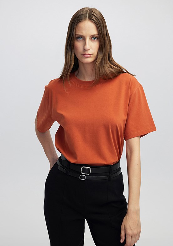 İPEKYOL Kiremit Rengi Kadın Bisiklet Yaka Basic T-shirt
