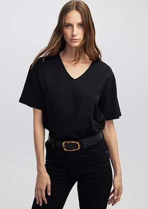 İPEKYOL Siyah Kadın V Yaka Basic T-shirt