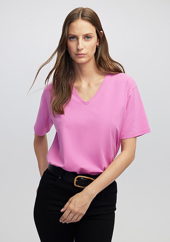 İPEKYOL Fuşya Kadın V Yaka Basic T-shirt