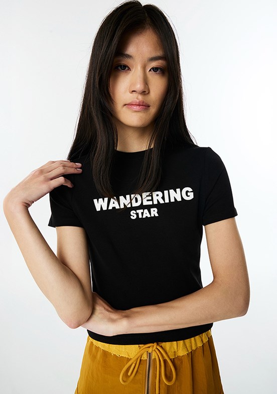 TWİST Siyah Kadın Slogan Aplikeli Dar Kesim T-shirt
