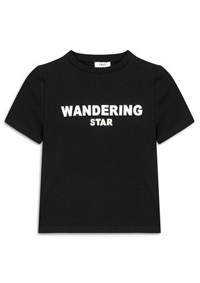 TWİST Siyah Kadın Slogan Aplikeli Dar Kesim T-shirt