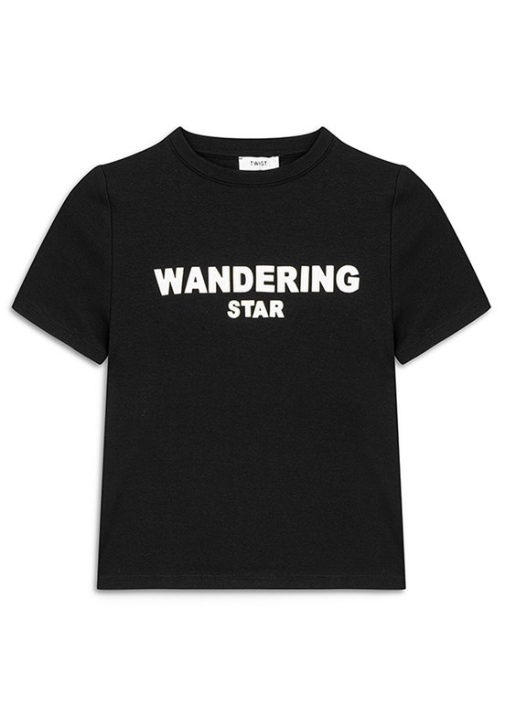 TWİST Siyah Kadın Slogan Aplikeli Dar Kesim T-shirt