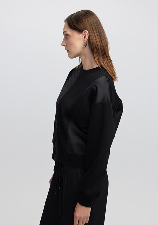 İPEKYOL Siyah Kadın Kontrast Dokulu Sweatshirt