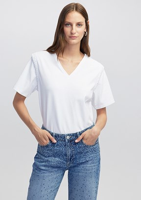 İPEKYOL Ekru Kadın Trok Baskılı T-shirt