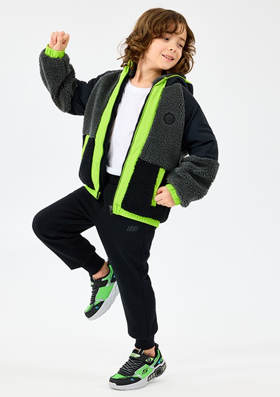 SKECHERS Siyah Erkek Çocuk B Outdoor Fleece Full Zip Kapüşonlu Mont