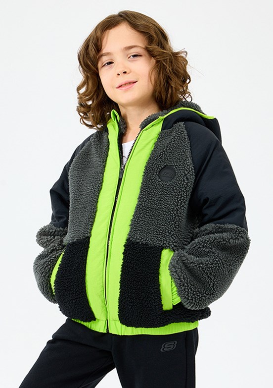 SKECHERS Siyah Erkek Çocuk B Outdoor Fleece Full Zip Kapüşonlu Mont