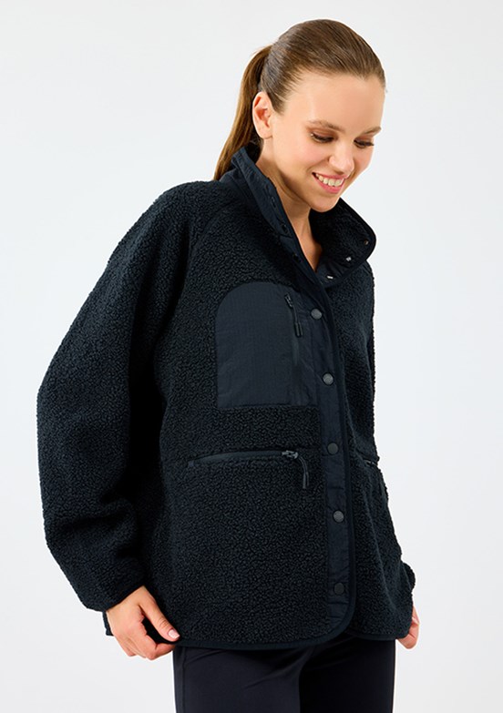 SKECHERS Siyah Kadın W Woven Detailed Pull Over Baskılı Mont