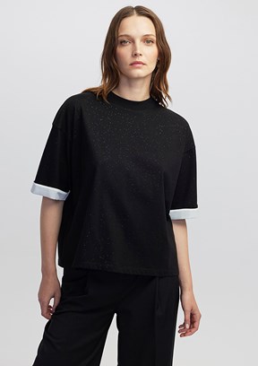İPEKYOL Siyah Kadın Nakışlı Kısa Kol T-shirt