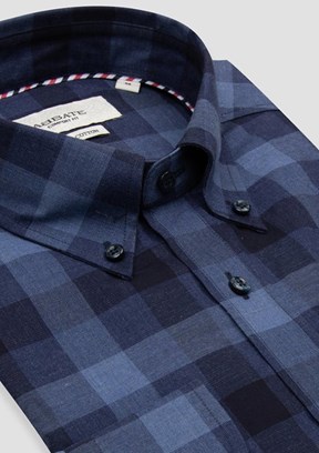 ABBATE Lacivert Luca Twill Pamuklu Comfort Fit Düğmeli Yaka Erkek Kareli Gömlek