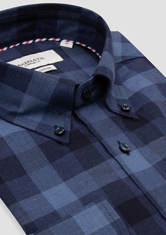 ABBATE Lacivert Luca Twill Pamuklu Comfort Fit Düğmeli Yaka Erkek Kareli Gömlek