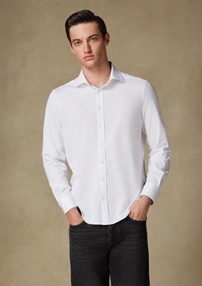 ABBATE Beyaz Floransa Jersey Pamuk Karışımlı Comfort Fit Klasik Yaka Erkek Düz Gömlek