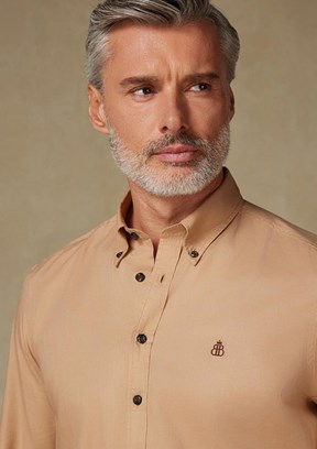 ABBATE Bej Mario Poplin Pamuklu Comfort Fit Düğmeli Yaka Erkek Düz Gömlek