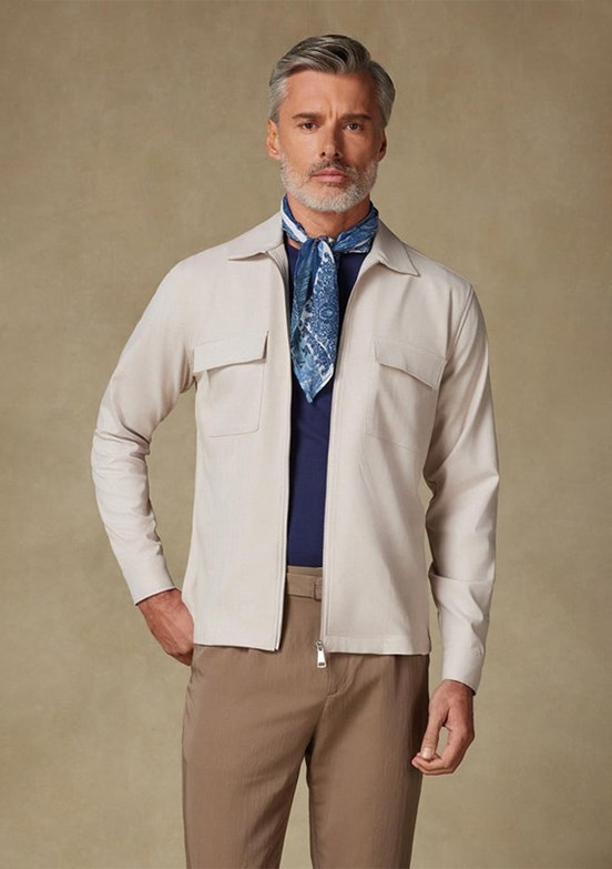 ABBATE Bej Verso Twill Overshirt Polyviskon Karışımlı Oversize Fit Klasik Yaka Erkek Çizgili Gömlek