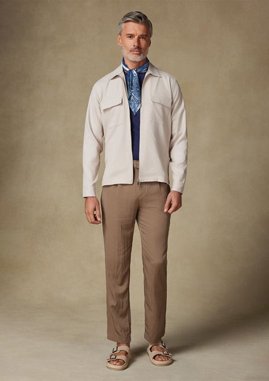 ABBATE Bej Verso Twill Overshirt Polyviskon Karışımlı Oversize Fit Klasik Yaka Erkek Çizgili Gömlek
