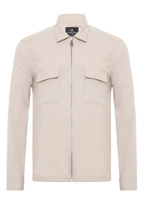 ABBATE Bej Verso Twill Overshirt Polyviskon Karışımlı Oversize Fit Klasik Yaka Erkek Çizgili Gömlek