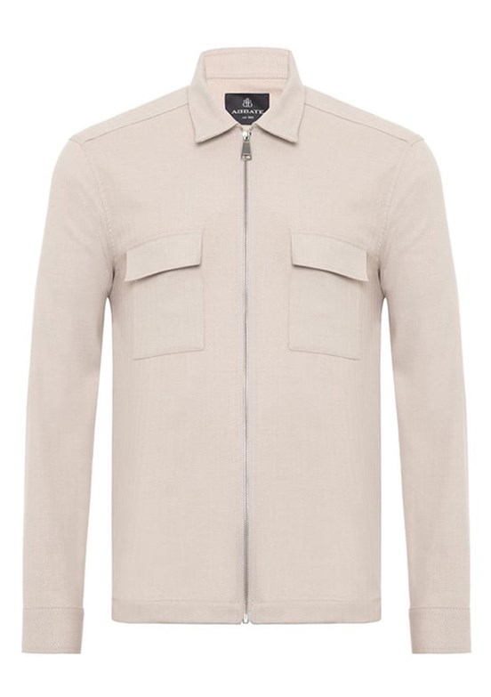 ABBATE Bej Verso Twill Overshirt Polyviskon Karışımlı Oversize Fit Klasik Yaka Erkek Çizgili Gömlek