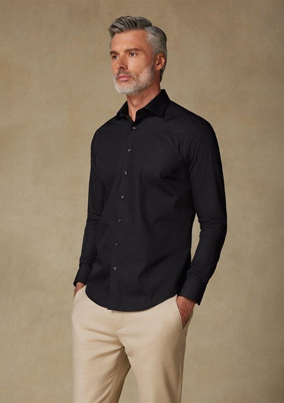ABBATE BB Club Siyah Oscar Poplin Pamuk Polyester Slim Fit Klasik Yaka Erkek Düz Gömlek