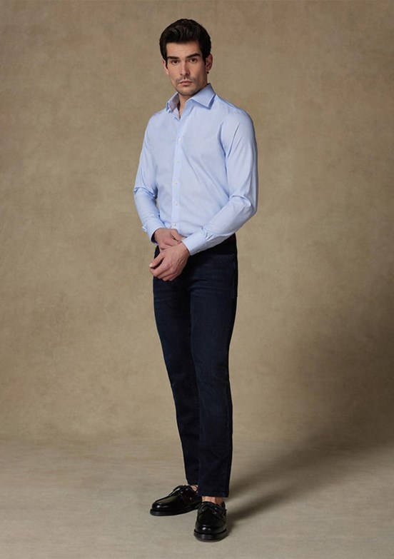 ABBATE Açık Mavi Donatello Non Iron Armür Pamuklu Slim Fit Klasik Yaka Erkek Çizgili Gömlek
