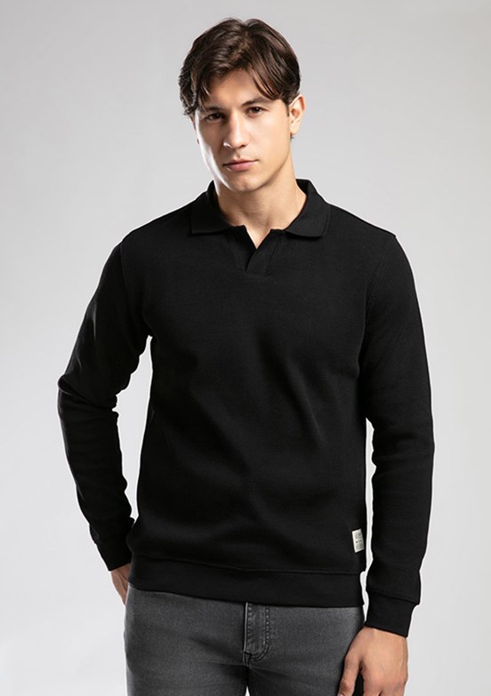 LEE COOPER Siyah Erkek Polo Yaka Sweatshirt