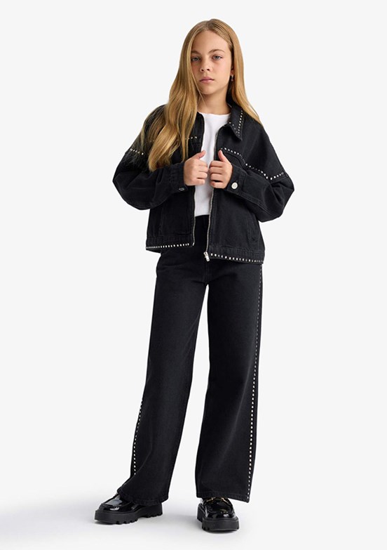 DEFACTO Siyah Kız Çocuk Denim Ceket