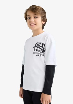 DEFACTO Beyaz Erkek Çocuk Uzun Kol T-Shirt