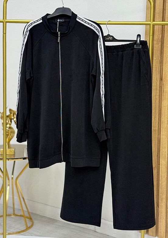 MİCCA Siyah Kadın Omuz Şerit Taş İşlemeli Pantolonlu Takım