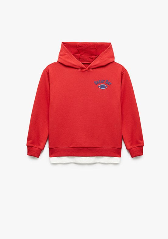 KOTON - 6WKB10156TK Erkek Çocuk Kırmızı Kapüşonlu Sweatshirt