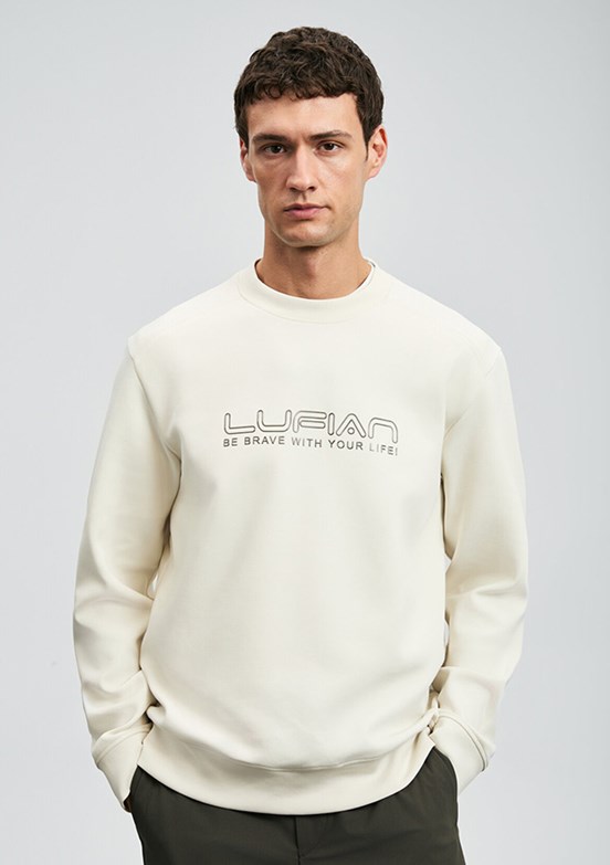 LUFİAN Ekru Erkek Bisiklet Yaka Sweatshirt