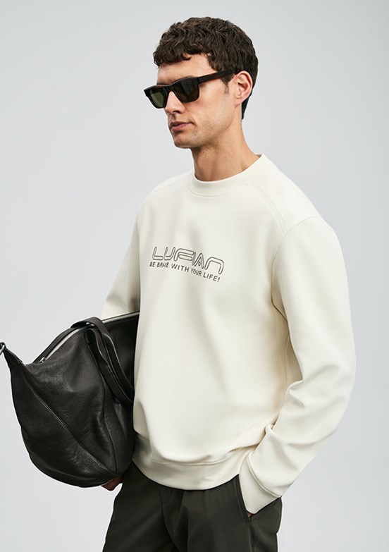 LUFİAN Ekru Erkek Bisiklet Yaka Sweatshirt