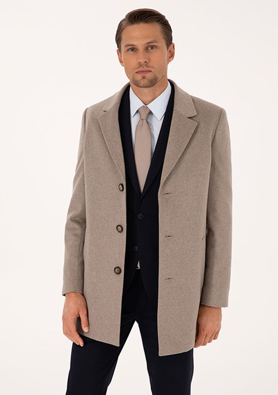 PİERRE CARDİN Bej Erkek Kaşe Kaban