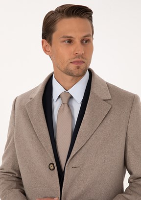 PİERRE CARDİN Bej Erkek Kaşe Kaban