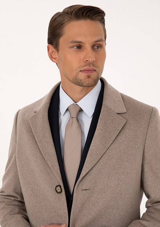 PİERRE CARDİN Bej Erkek Kaşe Kaban