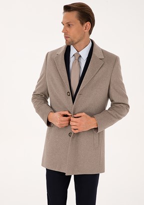 PİERRE CARDİN Bej Erkek Kaşe Kaban