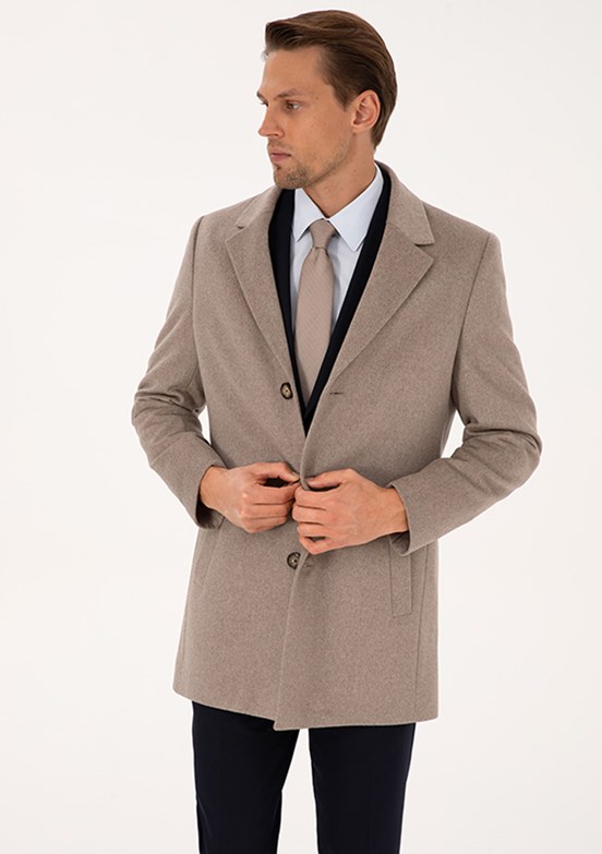 PİERRE CARDİN Bej Erkek Kaşe Kaban