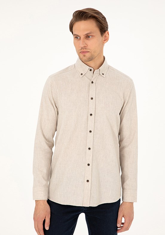 PİERRE CARDİN Bej Erkek Uzun Kol Gömlek
