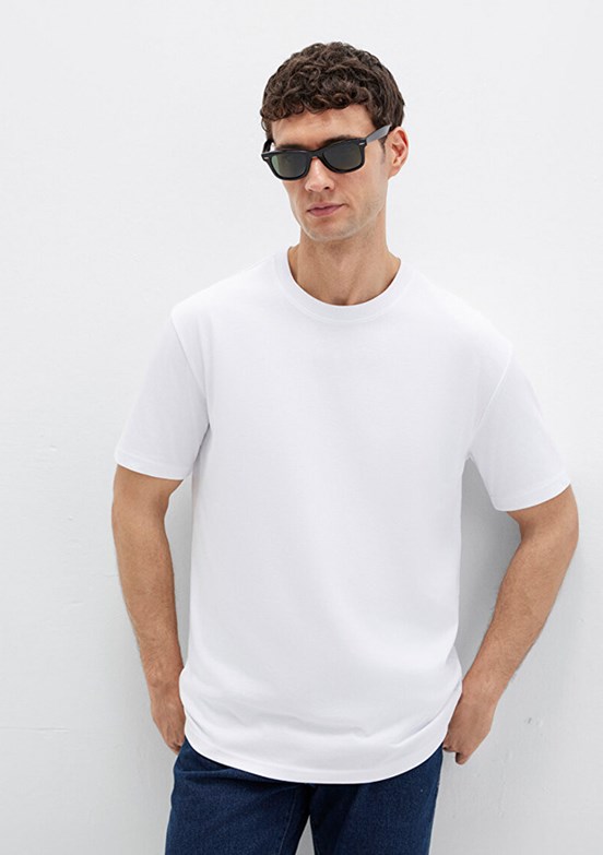 MAVİ - M0611596-620 Erkek Beyaz Bisiklet Yaka T-Shirt