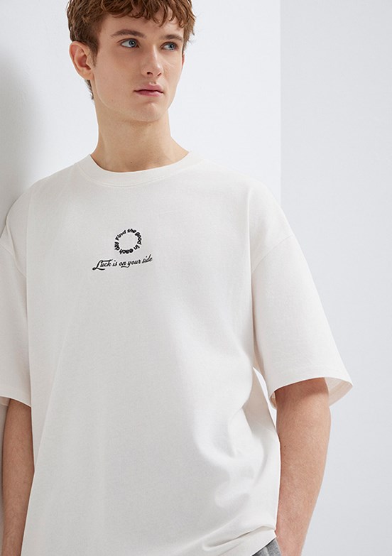 MAVİ LUCK IS ON YOUR SIDE - M0613183-70057 Erkek Beyaz Bisiklet Yaka T-Shirt