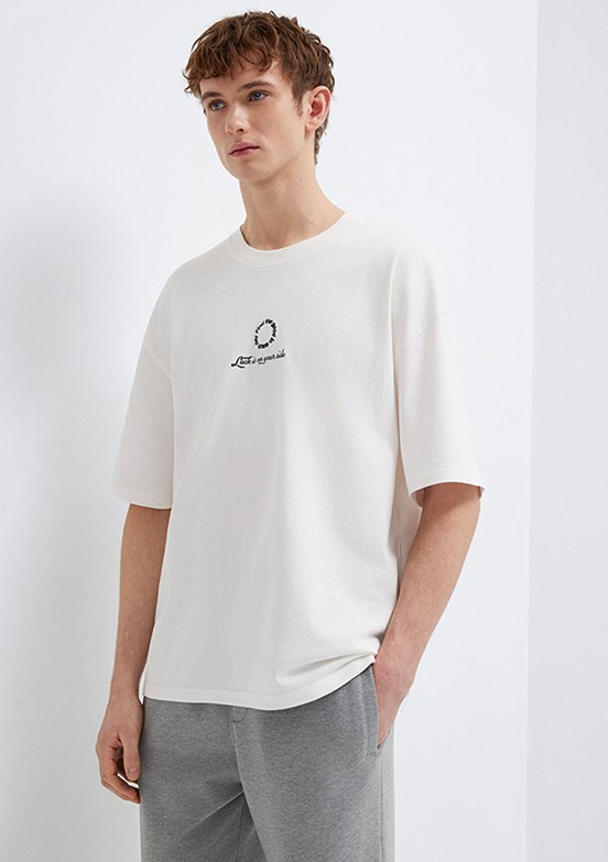 MAVİ LUCK IS ON YOUR SIDE - M0613183-70057 Erkek Beyaz Bisiklet Yaka T-Shirt