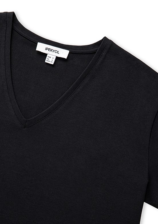 İPEKYOL - IS1260070102 Kadın Siyah V Yaka T-Shirt