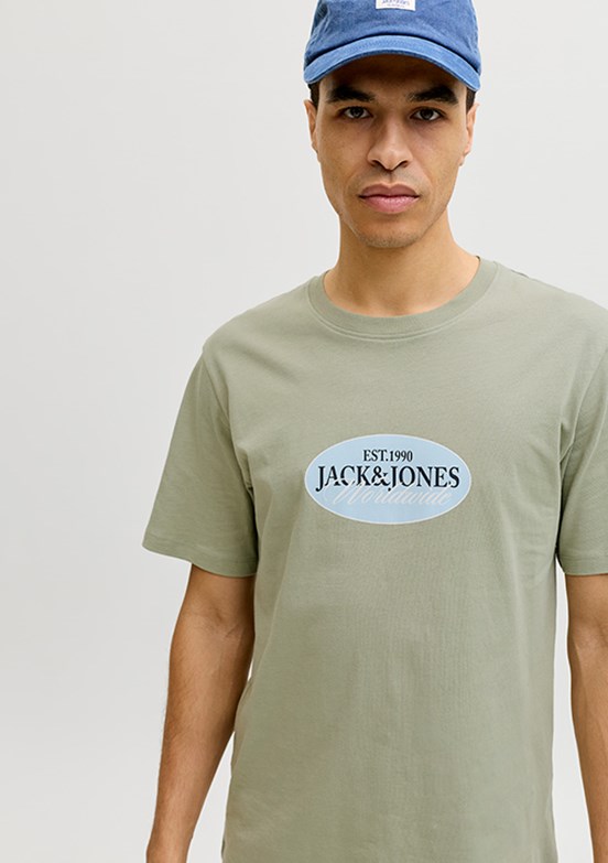 JACK JONES Jorcatskılls - 12297891 Erkek Yeşil  Bisiklet Yaka T-Shirt
