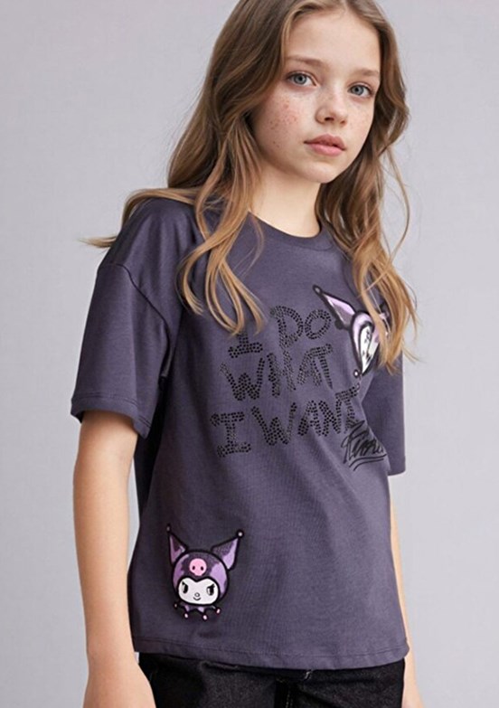DEFACTO - G8185A8DFA Kız Çocuk Antrasit Kısa Kol T-Shirt
