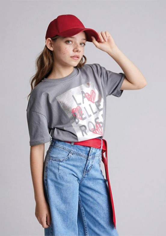 DEFACTO - G1768A8DFB1 Kız Çocuk Gri Kısa Kol T-Shirt