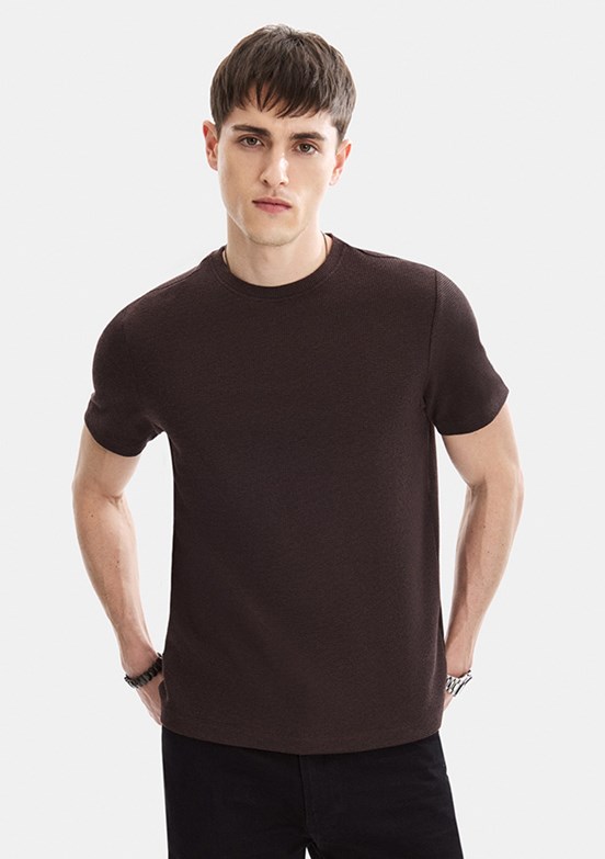 BACKANDBOND - B35S10062 Erkek Kahverengi Bisiklet Yaka T-Shirt