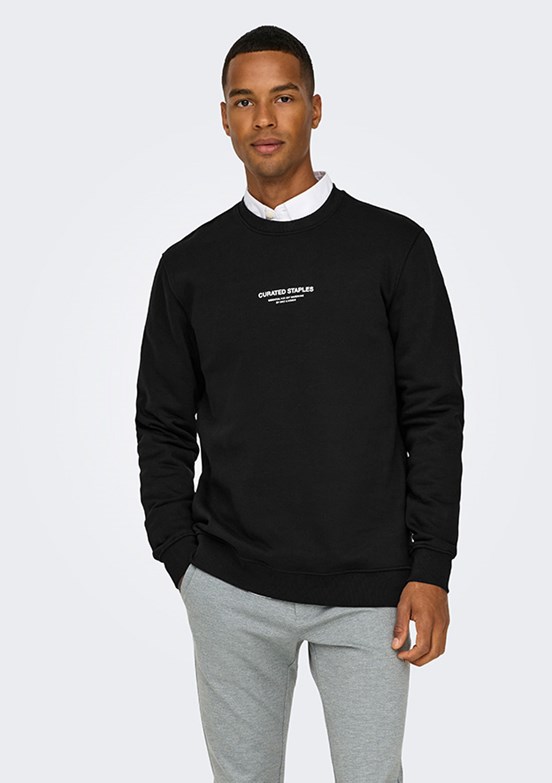 ONLY & SONS ONSCURATED - 22030923 Erkek Siyah Bisiklet Yaka Sweat Shırt