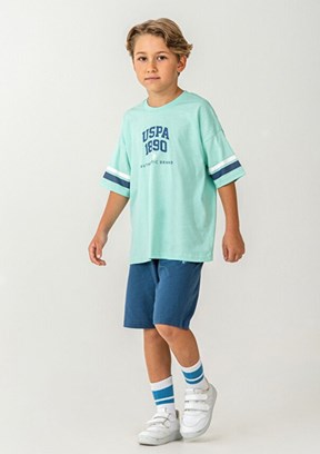 US POLO ASSN - US2414-G Erkek Çocuk Yeşil Şortlu İkili Takım