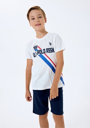 US POLO ASSN - US2443-4 Erkek Çocuk Beyaz Şortlu İkili Takım