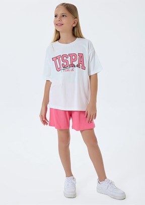 US POLO ASSN - US2521-G Kız Çocuk Beyaz Şortlu İkili Takım