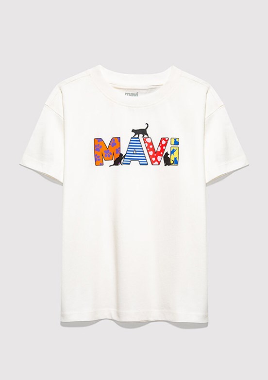 MAVİ - M7610426-70057 Kız Çocuk Beyaz Baskılı T-Shirt